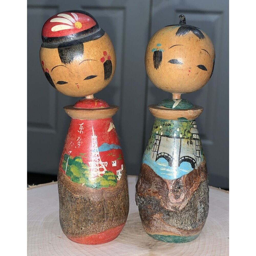 Japanese Kokeshi Doll Scenic Landscape Couple Wooden Hand Painted Signed